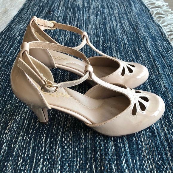 Chase + Chloe Shoes - Chase + Chloe T-Strap Heel in Nude Leatherette with Teardrop Cutouts